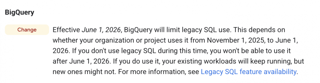 BigQuery Einschränkung der Legacy SQL-Nutzung ab Juni 2026