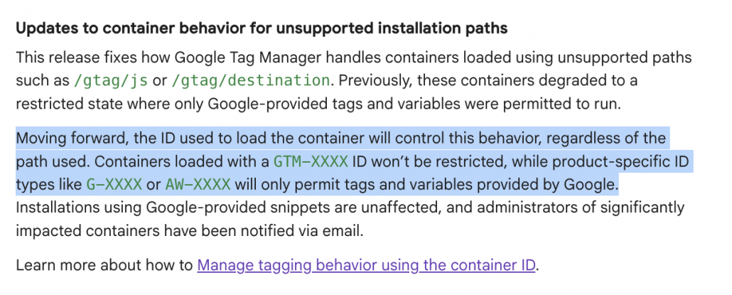 GTM - Neues Verhalten für Container bei nicht unterstützten Installationspfaden